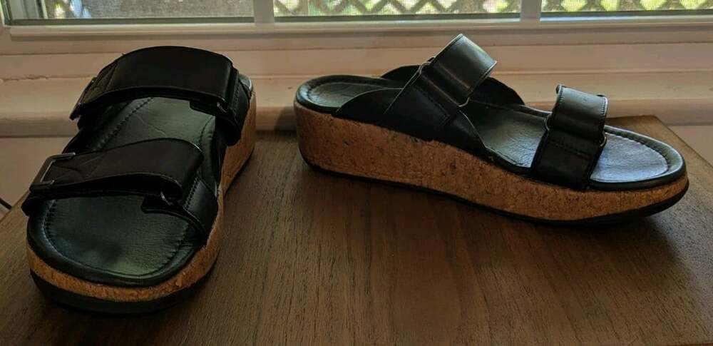 FitFlop Black Cork Remi Double Adjustable Strap Leather Slide Sandals Size US 9